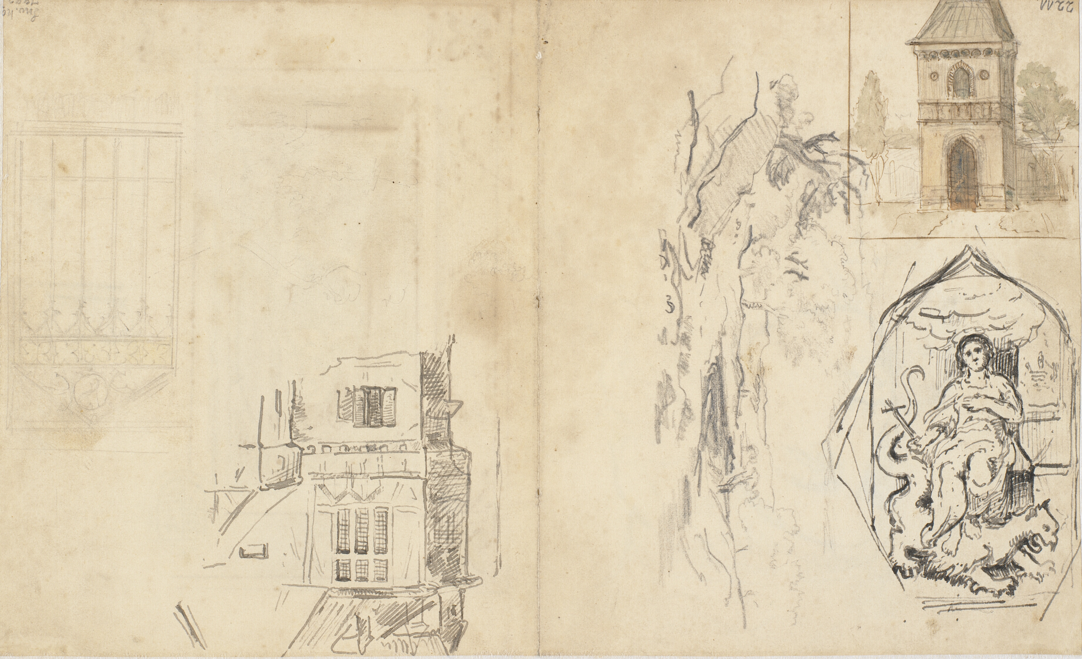 Forskellige udkast, bl.a. en kvindefigur, symboliserende troen?, tronende på en drage, et landskab, bygninger m.m.